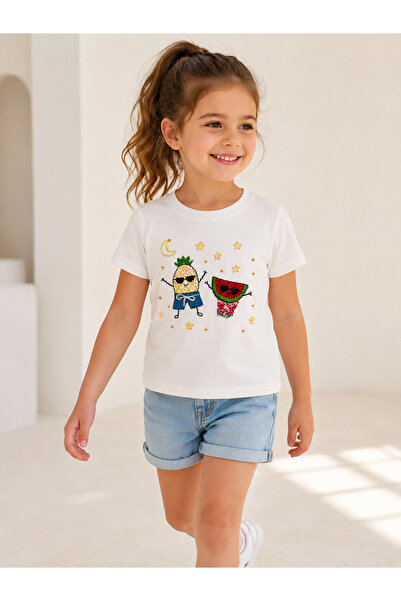 Aykır-ı Kids Pineapple & Watermelon Hand Embroidered Girls' White Summer T-Sh...