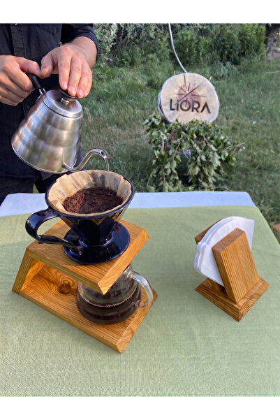 Lioracommerce Ahşap V60 Kahve Demleme Dripper Seti, Kahve Pot ve Filtre Kağıd...