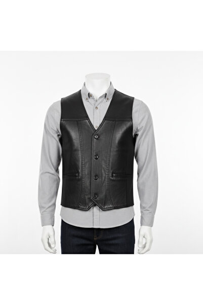 DERİMONTAYA Men's Genuine Black Lambskin Leather Vest