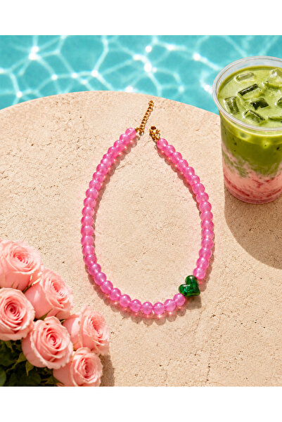 Helen Atelier Pembe Boncuklu Murano Cam Yeşil Kalp Charm Kolye - Strawberry M...
