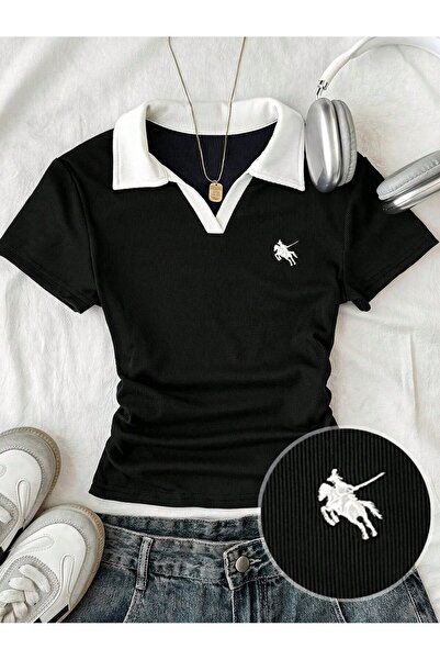 Gofeel Basic Fitilli Nakışlı Polo Yaka Kadın Bluz