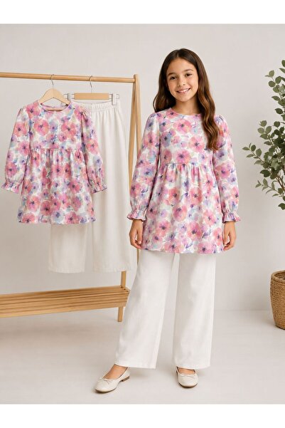 UHDE STORE Kız Çocuk Çiçek Desenli Tunik Pantolon Müslin Takım Uzun Kollu Rah...