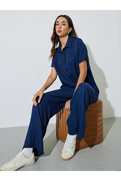 Styli Dark Blue Drop Shoulder Sleeve Shirt and Wide Leg Pants Set