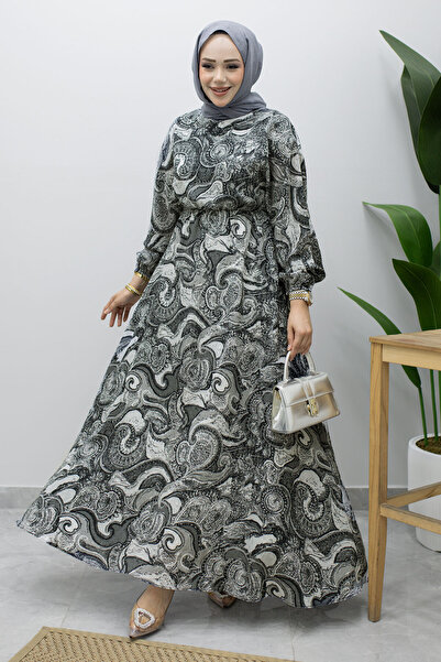 Tesettür Dünyası Mixed Patterned Elastic Waist Dress Tsd260244 Smoked