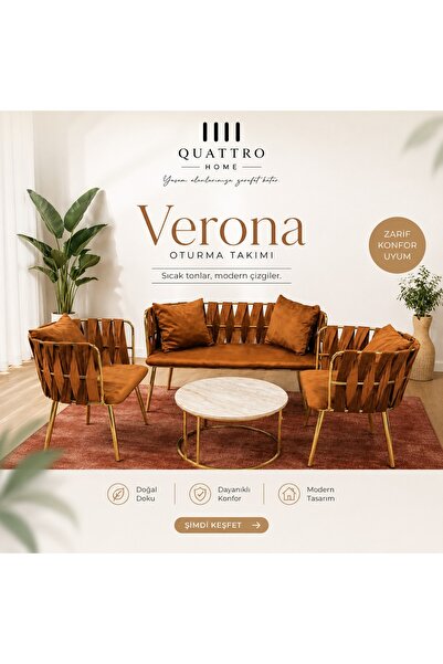 QUATTRO HOME Verona Oturma Takımı Taba Gold Modern Tasarım 2+1