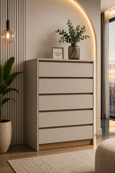 Kardelahome Kardela %100 MDF Premium 5 Çekmeceli Şifonyer Kum Beji
