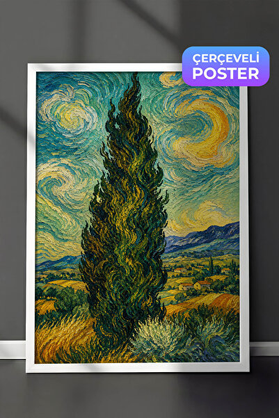 Zestia Van Gogh inspirisana zidna slika sa čempresa, efekat uljane boje, beli...