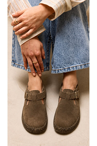 Ekonomik Ayakkabı Genuine Leather Suede Buckle Women's Loafer Shoes Mink Wint...