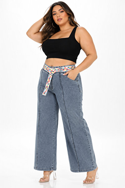 ZANESSİ FASHION Plus Size Denim Belted High Waist Wide Leg Women's Trousers