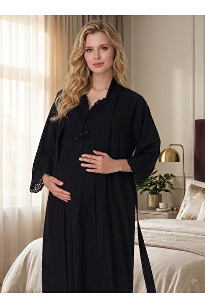Pelin Women's Black Linen Scalloped New Season 2-Piece Maternity Nightgown Se...