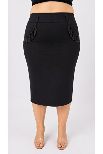 ZANESSİ FASHION Plus Size Knitted Stone Pencil Skirt