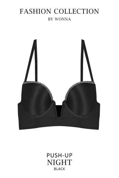 Wonna Lirio 2574 Detailed Shiny Micro Fabric Padded Low-Cut Bustier Bra Black