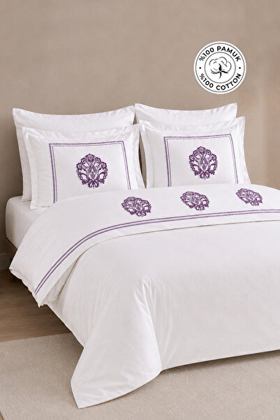 EvienHome 100% Cotton Embroidered Duvet Cover Set Double 6 Piece Sofia Cream ...