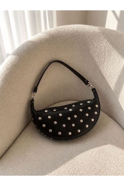 Moda Sekiz Women's Black Metal Studded Detailed Double Strap Shoulder Bag