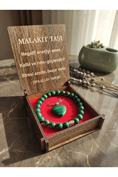 Meneva Aksesuar Malachite Stone Natural Stone Necklace and Bracelet Set with ...