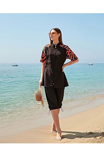 TESMAY Women's Black Patterned 4-Piece Half-Covered Tight Swimsuit