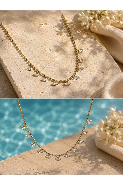 Elliora Jewelry VIP Paslanmaz Çelik Kararma Yapmaz Gold Zirkon Mekik Taşlı Ko...
