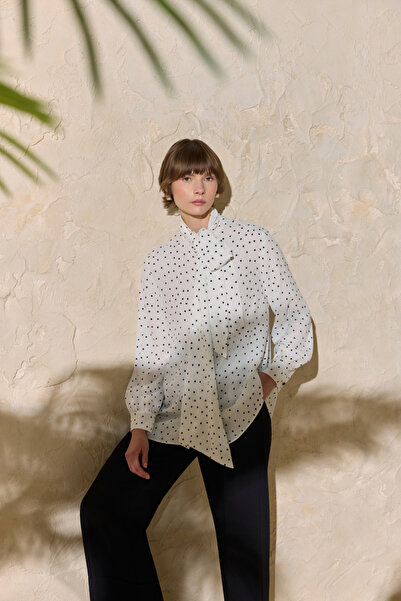 Aker Ecru Polka Dot Shirt with Scarf Detail