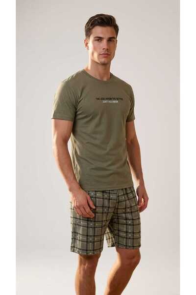 Sude HOMEWEAR Erkek Kısa Kol Şort Haki Yeşili Ekoseli Pijama Takımı
