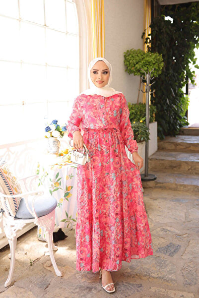 İmajButik Fuşya Yarım Düğmeli Kol Lastikli Eteği Katlı Elbise