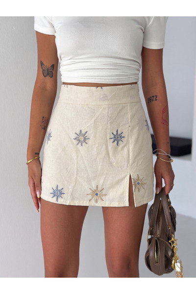 SLAW REZZ Women's Cream Ethnic Embroidered Linen Zipper Mini Shorts Skirt Sli...