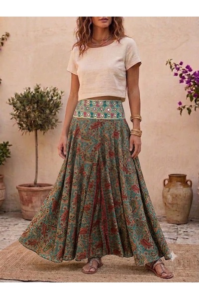 AYASOFYA OTANTIK Fusta pantalon din mătase cu model etnic, cu talie elastică,...