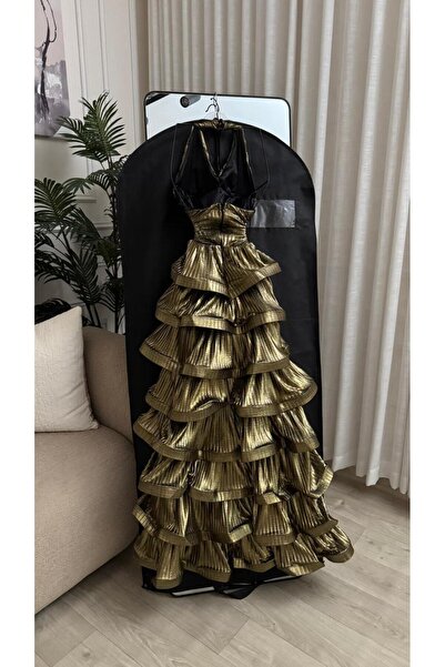 FASHION Gold Metallic Shiny Halter Dress Featuring a Tiered Ruffle Pleated Sk...
