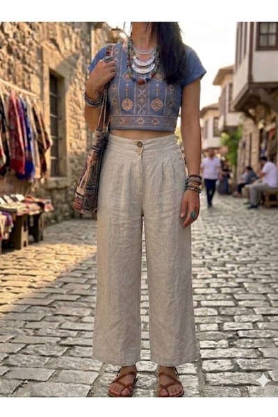 AYASOFYA OTANTIK Women's Italian Elastic Waist Wide Leg 100% Linen Trousers w...