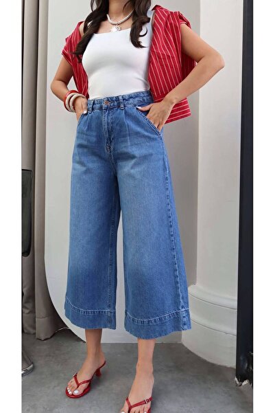 DENİKK Trendy Premium Pleated Wide-Leg Baggy Fit Denim Jean Capri - Trendy Pr...