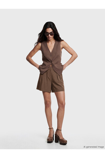 LC Waikiki Brown Linen Blend Pleated Women's Shorts