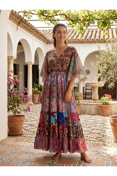 AYASOFYA OTANTIK Women's Indian Ethnic Patterned Silk Dress