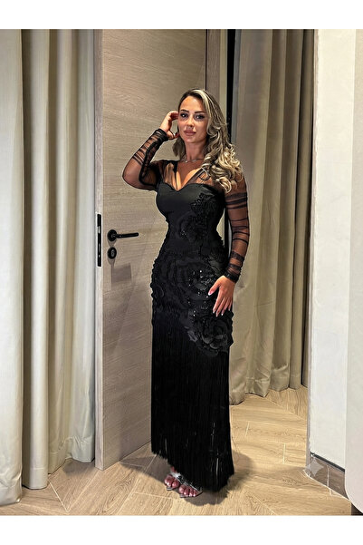 Nice Model فستان سهرة طويل أسود باربي بكم شفاف وتطريز مع هدب
