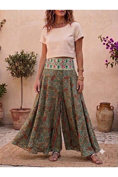 AYASOFYA OTANTIK Women's Indian Elastic Waist Ethnic Patterned Silk Trousers ...