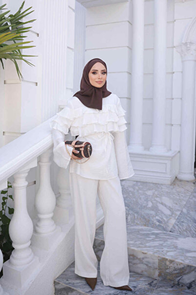 İmajButik Ekru Bel Bağlamalı Katlı Gömlek