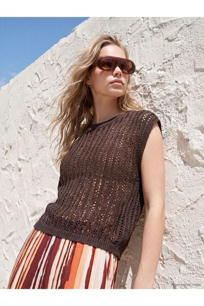 LC Waikiki Lcw Vision Brown Crew Neck Openwork Women's Knitwear Sweater