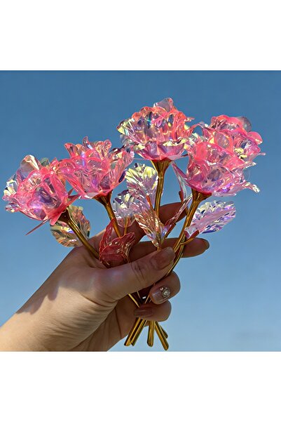 Choice 5pcs holographic pink 5pcs Brilliant Eternal Crystal Rose Bouquet Real...