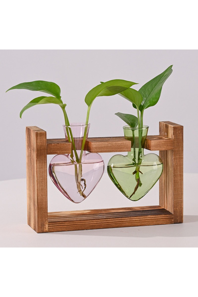Choice1 Pink green Creative Colorful Heart Shaped Transparent Glass Vase Wood...