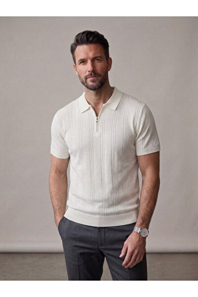 Ewarro Men's Knitwear T-Shirt Zippered Polo Collar Slim Fit Short Sleeve