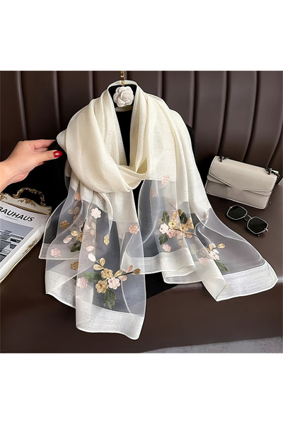 Choice1 وشاح حريري صوفي للنساء مقاس 75×190 سم طراز JP154-02 مع تطريز زهور، حج...