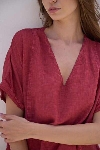 İKİKIZ Cotton Burgundy V-Neck Blouse
