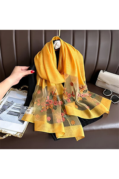 Choice4 وشاح حريري صوفي للنساء مقاس 75×190 سم طراز JP154-05 مع تطريز زهري، حج...