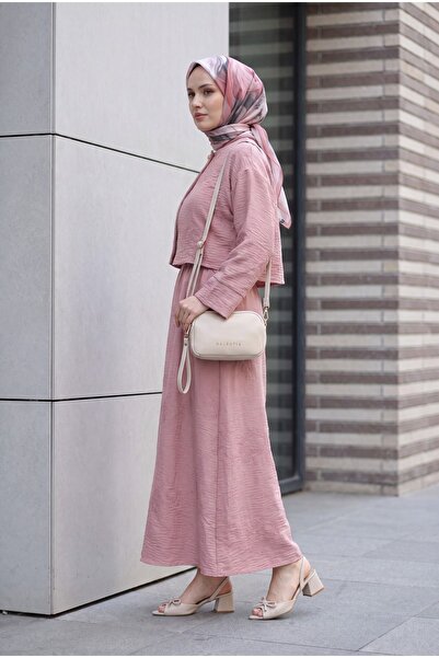 Modamorfo Single Button Embroidered Skirt Linen Look Suit - Dried Rose