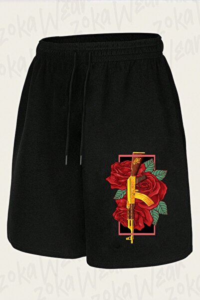 ZOKAWEAR Unisex Rose and Gun Design Printed Shorts