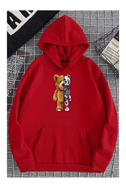 ZİYMO Unisex Hooded Sweatshirt with Bear Print and Relaxed Fit