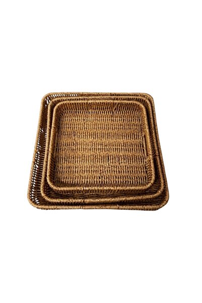 ALBETTO 3-Piece Rattan Tray Decorative Tray Wicker Knitted Tray Square Cream