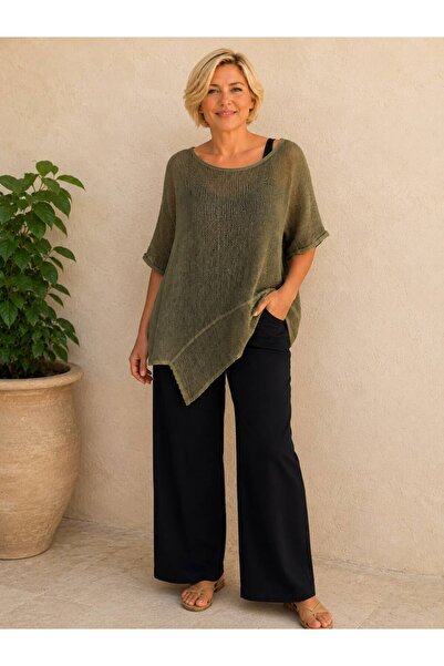 AGORATEKSTİL Women's Asymmetrical Cotton Fabric Mesh Blouse 42-50