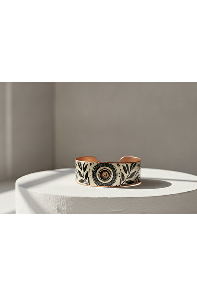 Erol Bakır Wide Adjustable Cuff Bracelet with Copper Evil Eye and Olive Branc...