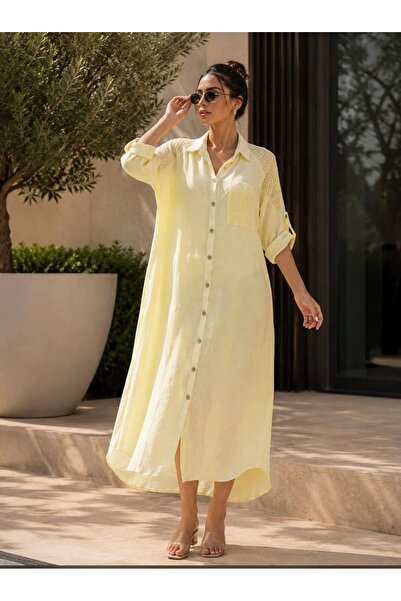 yusracollectionn Women's Italian Linen Mesh Detailed Buttoned Shirt Dress