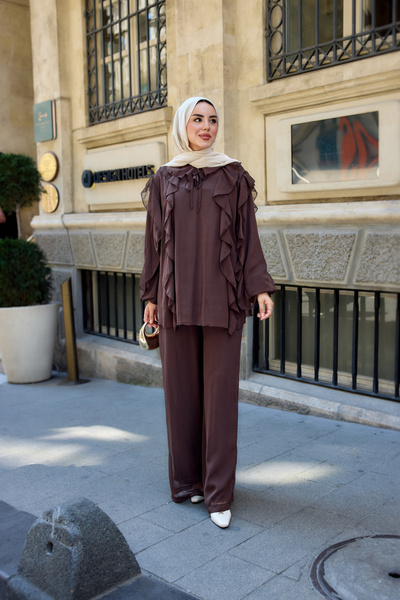 LOCCO Women's Lined Tulle Suit with Ruffle Detail Pants Brown