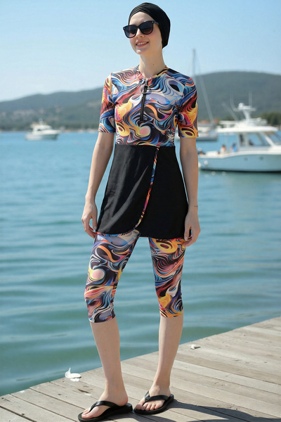 armonika 3-Piece Set Front Zippered Short Sleeve Knee-Length Leggings Burkini...